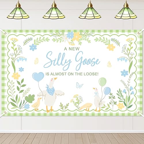 Avezano Goose Baby Shower Banner A New Silly Goose Is Almost On The Loose Backdrop Plaid Floral Silly Goose Baby Shower Decorations Little Duck Theme Gender Reveal Banner Party Supplies (Green, 6x3.6ft)