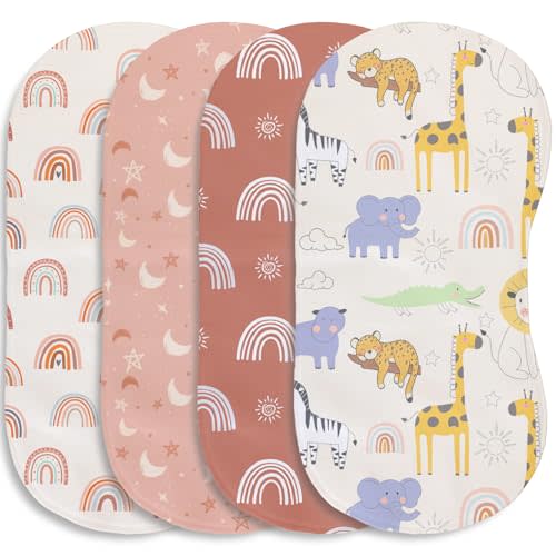 4 Pack Baby Burp Cloths for Boys Girls, Soft Cotton, Boho Rainbow and Cute Animals Design, Super Absorbent Baby Burping Cloths for Newborns, Machine Washable and Reusable Baby Spit-Up Cloths