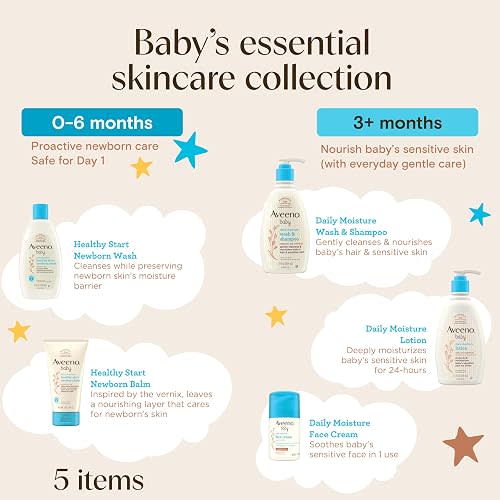 Aveeno Baby Essential Skincare Gift Set, 5-Piece Collection with Wash and Shampoo, Daily Moisture Body Lotion, Face Moisturizer & Newborn Wash and Baby Balm, Gentle Daily Care for Sensitive Skin