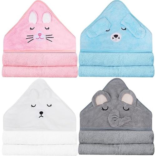 Lot de 4 serviettes de bain douces à capuche de 80 cm pour bébé, nouveau-né, nourrisson, tout-petit, animal mignon, peignoir en polaire corail pour garçons et filles – Éléphant, ours, chaton, chiot