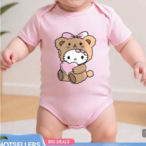 One Baby Sanrio Hello Kitty Pattern Short-Sleeved Romper - Made Of Pure Cotton, Breathable And Comfortable, Cute Kawaii Style, With Sanrio Logo, Perfect For Everyday Wear And As A Newborn Gift. | SHEIN USA
