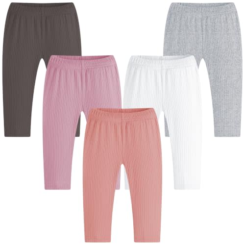 Newborn Infant Girls Pants Baby Girls' 5-Pack Pant Cotton Solid Ribbed Pants Girls Bottoms Pull On Leggings Joggers