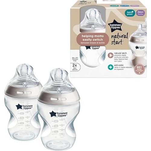 Tommee Tippee Natural Start Anti-Colic 9 oz BPA Free Baby Bottles, 0+ Months, Slow Flow Breast-Like Nipple, Self Sterilizing, Designed for Seamless Transition Between Bottle & Breast, Clear, Pack of 2