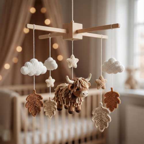 Crocheted Highland Cattle Baby Mobile, Boho Farm Nursery Decor, Highland Cow Baby Mobile Crochet, Handmade Neutral Nursery Decor