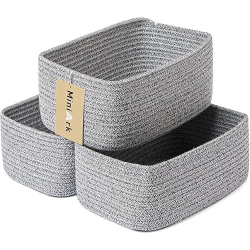 MiniArk Small Storage Baskets for Organizing | Closet Organizer Bins | Shelf Toy Basket | Woven Rope Baskets | Cube Decorative Box | Shallow Basket | 11.5x7.5x4.7” | 3 Packs Mixed Grey