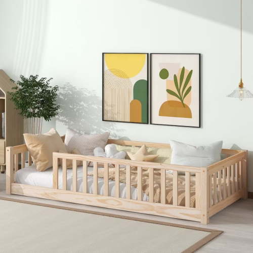 Twin Floor Bed Frame, Montessori Floor Bed with Fence and Wood Slats, Easy Assembly,Natural