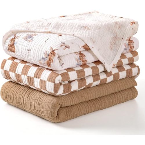 lulumoon Muslin Swaddle Blanket Baby: Cotton Receiving Wrap for Newborns | Soft Breathable Swaddling Blanket for Stroller & Nursery Crib - Baby Registry Gift 3Pack (Brown Bunny)