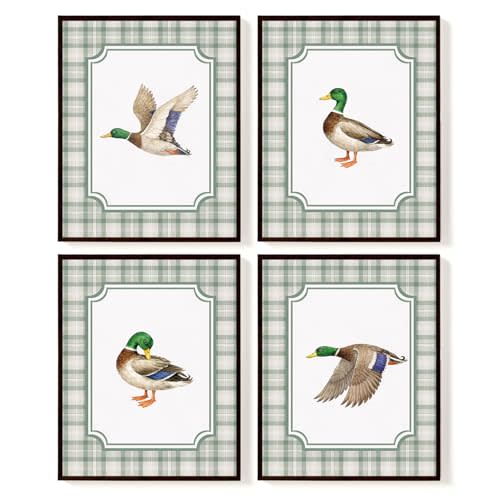 SkyCozy Duck Nursery Decor, Mallard Duck Wall Art Posters Set of 4 | Green Gingham Farmhouse Duck Prints, Woodland Baby Boy Nursery Decor for Kids Room Playroom Bathroom, 8x10 Unframed