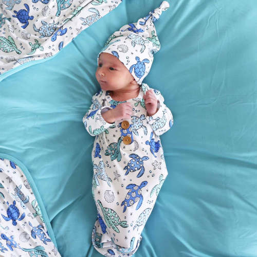 Sea Turtle Splash Newborn Baby Knot Gown & Hat Set