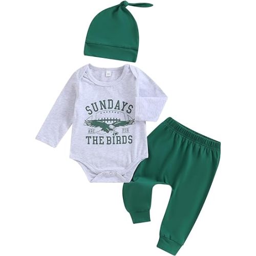 BULINGNA 3Pcs Infant Baby Boy Football Outfit Sundays are for the Birds Romper Bodysuit Pants with Hat Fall Clothes