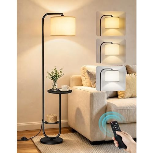 Floor Lamp with Table, Remote Control, Foot Switch, Dimmable Standing Lamp with 3 Color Temperatures, Rotatable Shade,12W LED Bulb, Round Side End Table for Living Room Bedroom Office(Black)