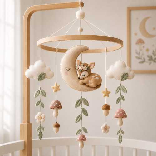 Woodland Baby Mobile, Deer Moon Crib Mobile, Fairycore Nursery Decor, Mushroom Felt Mobile, Forest Baby Shower Gift, Felt Baby Mobile