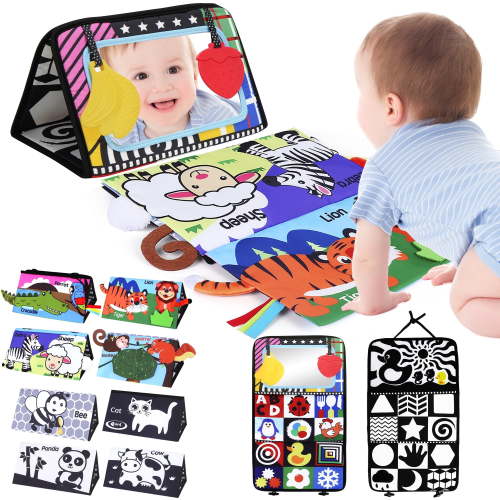 LotFancy Baby Tummy Time Mirror Toys, Crinkle Cloth Book Black and White High Contrast Infants Toys