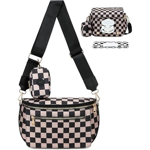 Eslcorri Small Diaper Bag Fanny Pack for Quick Outings, Crossbody Diaper Purse with Built-in Wipes Dispenser, Water-resistant Checkered Belt Bag for Moms Dads, 8L Expandable Capacity