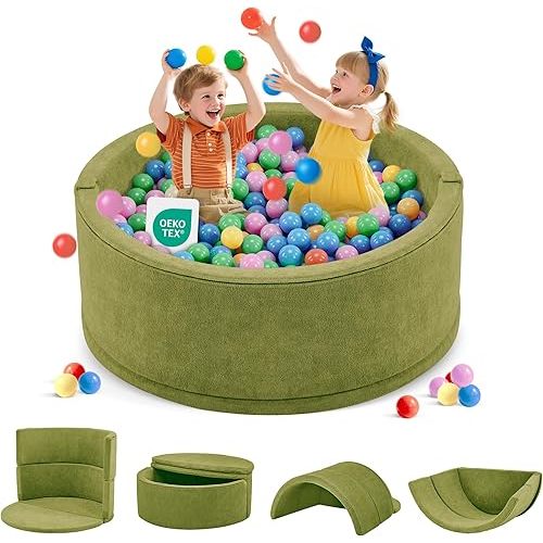 Multi Functional Ball Pit for Toddlers 4 in 1 Folable Baby Ball Pit Round Foam Kids Ball Pool Set Kids Foam Play Indoor Outdoor Game for Boys and Girls Gift Toy for Children, Olive Green