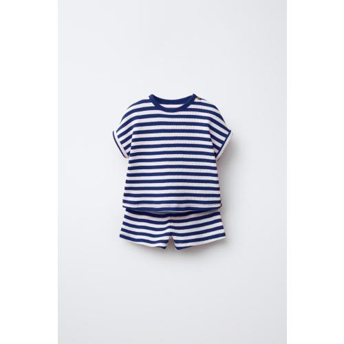 STRIPED WAFFLE SHIRT AND BERMUDA SET - Ink blue | ZARA United States