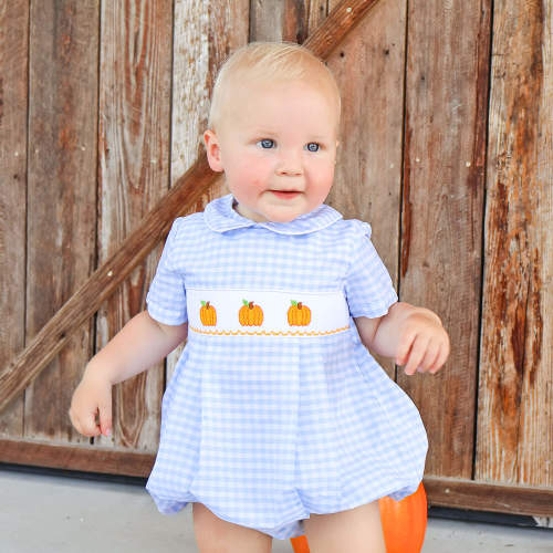 Pumpkin Trio Smocked Blue Check Collared Bubble