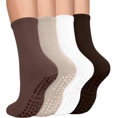yeuG Pilates Socks for Women Non Slip Grip Socks for Yoga, Barre, Hospital, Barefoot Grippy Yoga Sock Womens Gifts 4 Pairs