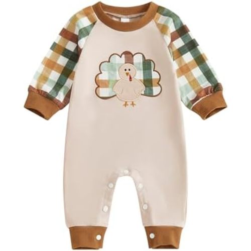 First Thanksgiving Baby Boy Girl Clothes Outfits Newborn Turkey Gobble Embroidered Jumpsuit Plaid Romper Fall