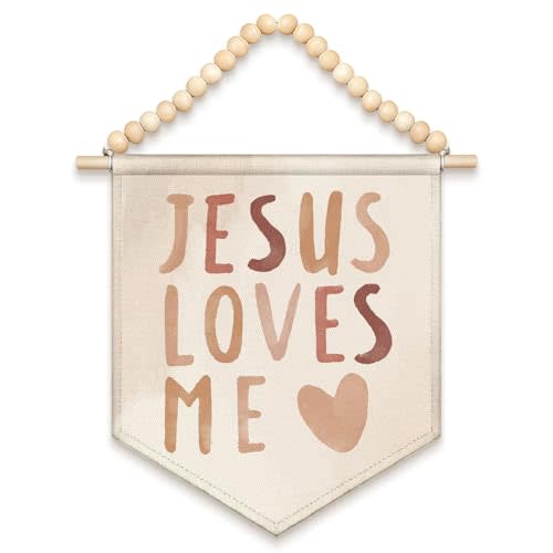 LIANGW Baby Girls Boys Nursery Decor - Jesus Loves Me Christian Canvas Banner, Boho Wood Beads Bible Verse Wall Art Decor Hanging Pennant Flag for Toddler Girls Room Decor, 13x11