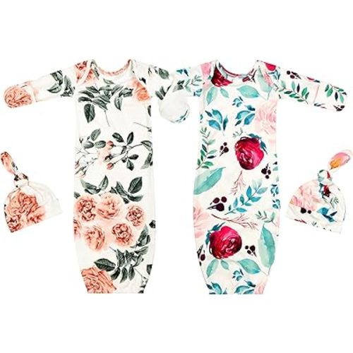 Newborn Baby Sleeper Gown with Hat Knotted Gown Nightgown Coming Home Outfits for Baby Girl 2 Pieces Set