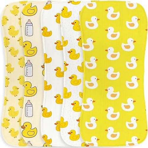 5pcs Yellow Duck Burp Cloths for Baby Boys Girls Parent,100% Cotton Cute Duckies Theme Design Burp Rags,Muslin Burping Cloths Absorbent Spit-Up Cloths for Infant Newborns