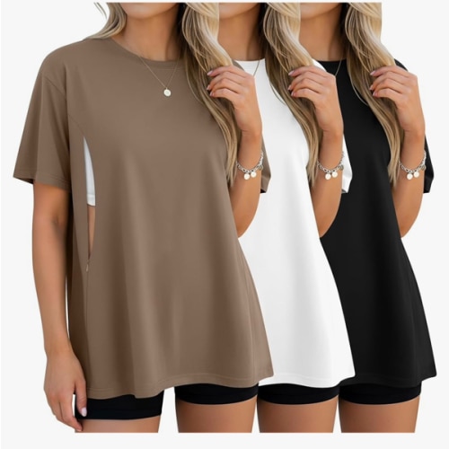 3 Pack Women's Oversize Nursing Breastfeeding Shirts Hidden Zipper Short Sleeve Loose Fit Maternity Tops