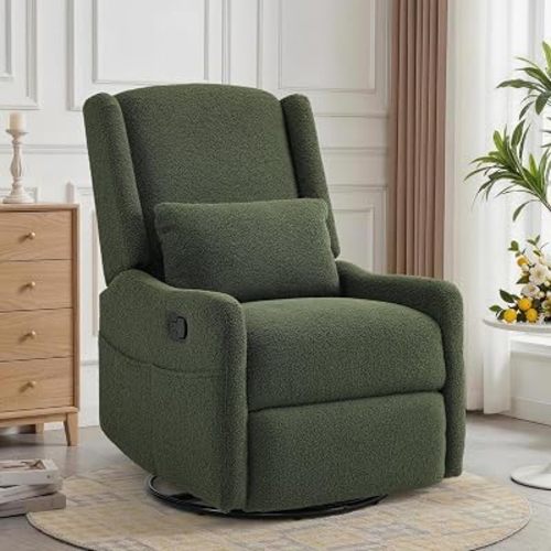 Korser Glider Recliner Rocking Chair, 360° Swivel Boucle Nursery Chair, Comfy Upholstered Recliner for Nursery, Living Room & Bedroom,Green