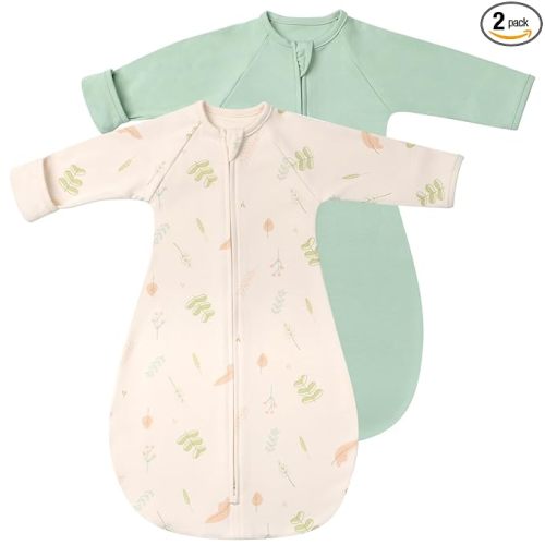 2 Pack Transitional Baby Swaddling Sacks with Arms Up Length Sleeves & Mitten Cuffs, Sleeping Sack Bag 2 Ways Zipper, Wearable Swaddle Blanket for Newborns Baby Snug Fit Calms Startle Reflex