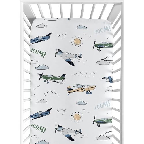 Sweet Jojo Designs Fitted Baby Crib Sheets (Clouds Print) for Boys, Infant Nursery, Toddler Room - Standard Size (Blue and White Cloud Design for the Transportation Plane, Vintage Airplane Collection)
