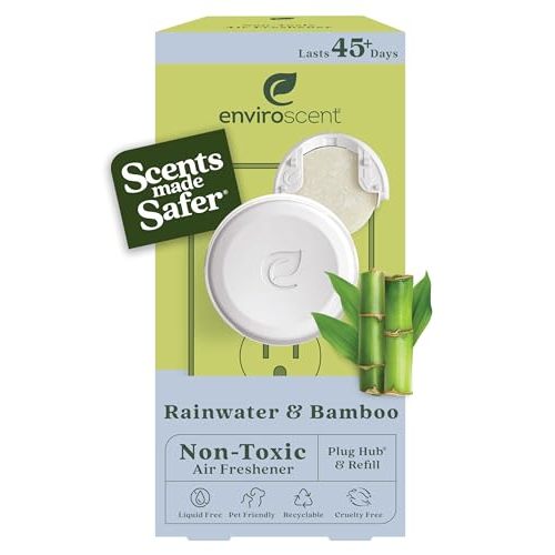 Enviroscent Non-Toxic Air Freshener Plug Hub® Warmer Refillable Kit - Refillable Plug-in Air Freshener for Home w/Paper Refill - Home Fragrance Lasts Up to 45 Days - Rainwater & Bamboo Scent