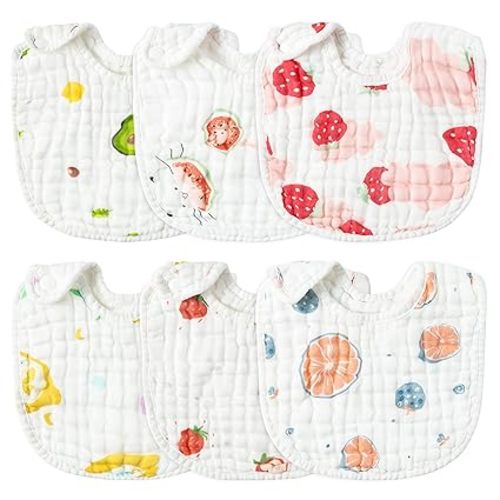 Zainpe 6Pcs Snap Muslin Cotton Baby Bibs Strawberry Lemon Avocado Pattern Infants Feeding Bib Adjustable Machine Washable Unisex Burp Cloths with 6 Absorbent & Soft Layers for Drooling and Teething