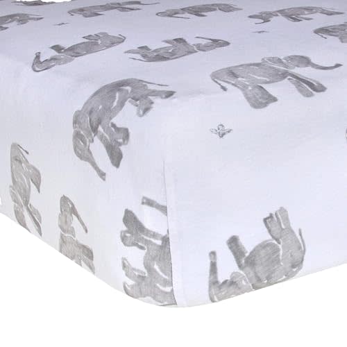 Burt's Bees Baby Print Fitted Crib Sheet Organic Cotton BEESNUG - Grey Wandering Elephants Animal Prints, Fits Unisex Standard Bed and Toddler Mattress, Infant Essentials, 52 x 28 Inch 1-Pack