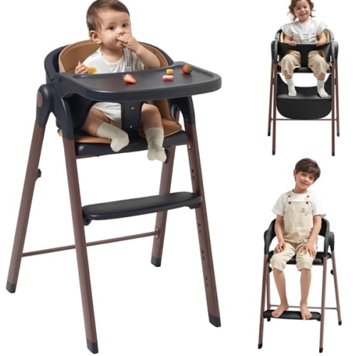KUB High Chair for Babies and Toddlers Adjustable Foldable Convertible 5 Point Harness Easy Clean Wood-Printed Metal with Removable Tray Baby Highchair for Family (Black&Walnut Wood-Printed Metal)