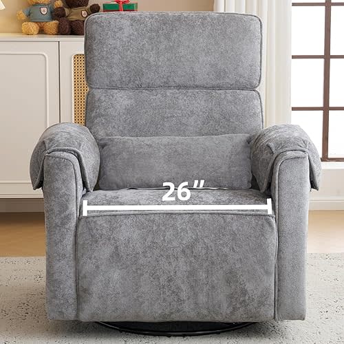Oversized Power Recliner Chair, 26" Extra Wide Swivel Rocker Recliner with Adjustable Headrest, Chenille Glider Rocking Nursery Chair with Overstuffed Armrest, USB Ports, Grey