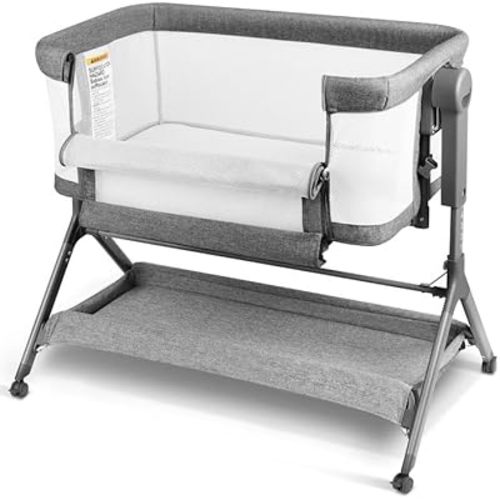 Baby Bassinet Bedside Sleeper, Baby Crib for Infant, 6-Height Adjustable, Rocking Mode with Breathable Mesh & Mattress, Quiet Wheels & Easy Assembly, Stable and Secure Crib for Newborn, Grey