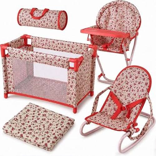 Floral Baby Doll Accessories Set, 3-1 Baby Doll Crib, Baby Doll High Chair & Bouncer Seat. 18 inch Doll Accessories with Doll Bed. 18" Dolls Furniture Play Stuff. Toys for Girls Ages 3-5,4-6,5-7,8-10