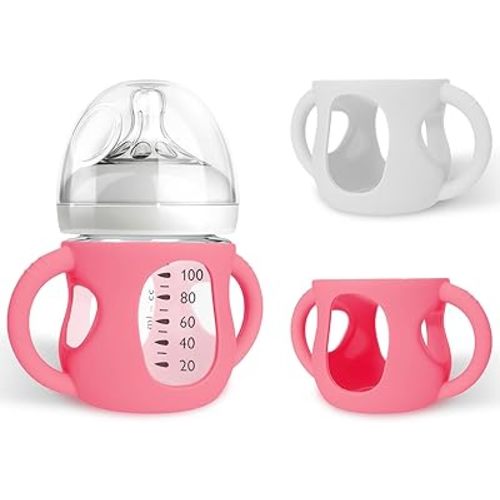 Silicone Sleeves for Avent Natural Glass Baby Bottles, BPA Free, Anti Breakage Baby Bottle Holder with Handles (Pink + White, 4 Ounce)