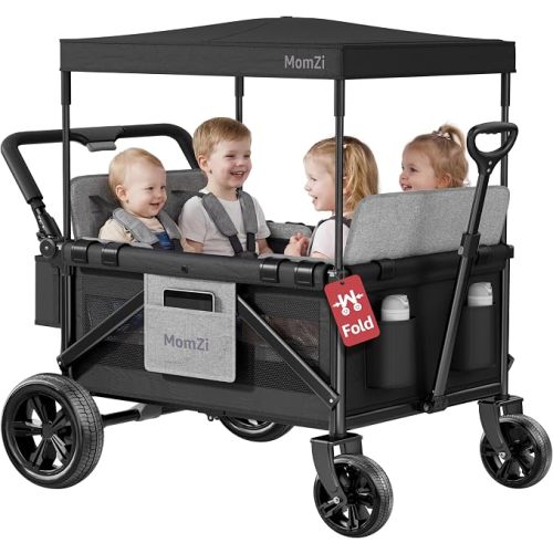 4 Seater Wagon Stroller for Kids, Collapsible Wagon Stroller with Removable Canopy, Foldable Stroller Wagon with Seat and Storage Pocket for Baby Toddlers Black