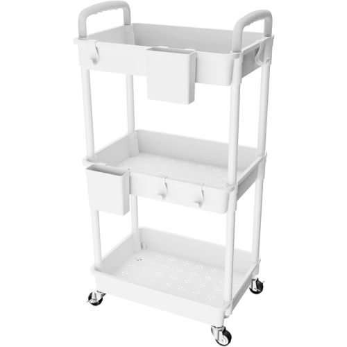 3 Tier Rolling Utility Cart with Handle,REBECAT Utility Cart Made of Multifunctional Storage Organizer Tool for Kitchen,Bathroom,Living Room,Office(White)