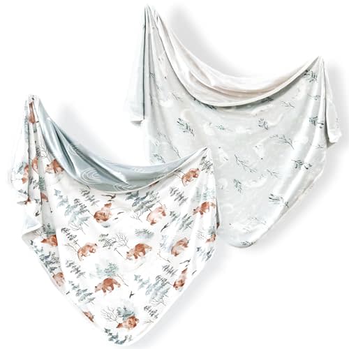 GRSSDER 2 Pack Super Soft Jersey Knit Swaddle Blankets for Baby Girls and Boys, Double Layer Reversible Receiving Blankets 34 x 44 Extra Large for Swaddling, Bear & Snow Wolf