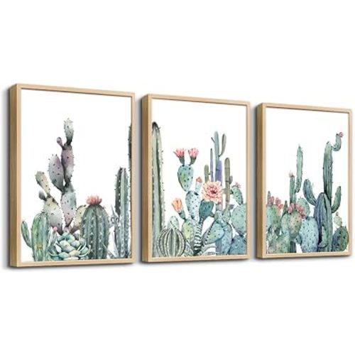 Framed Wall Art For Living Room Wall Decor Bedroom Wall Picture Artwork Of 3 Piece Green Plants Succulent Cactus Flower Painting Ready To Hang Modern Kitchen Home Decoration (Natural Wood Framed)