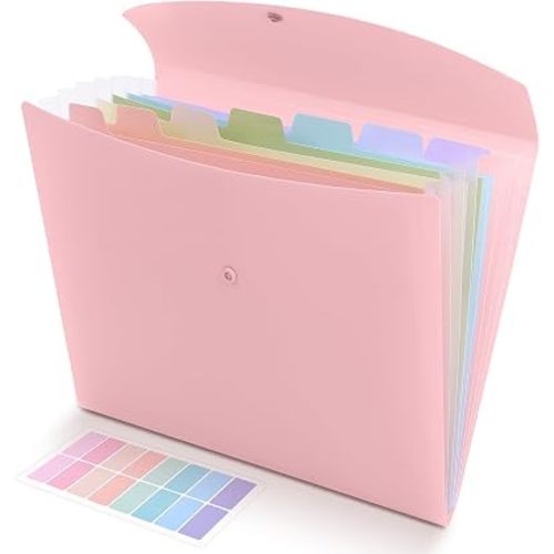 SKYDUE Cute Accordion File Organizer, Expanding File Folder with 8 Pockets, Document Organizer with Colorful Tabs for School, Office, Hospital Tax, Receipts Storage Letter/A4 Size Pink