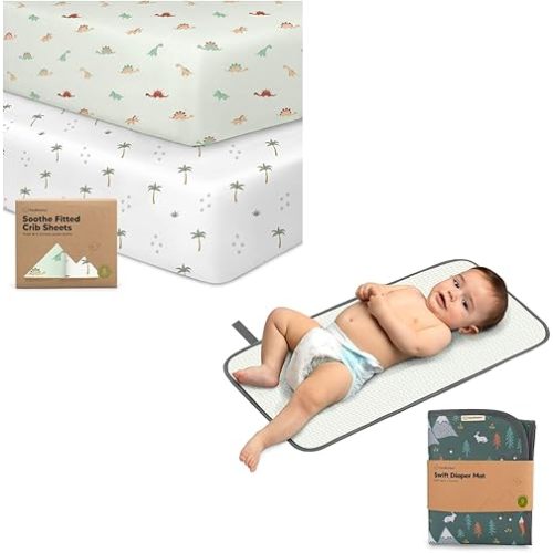 KeaBabies 2-Pack Organic Crib Sheets for Boys, Girls and Portable Diaper Changing Pad - Jersey Fitted Crib Sheet, Waterproof Foldable Baby Changing Mat, Baby Crib Sheets Neutral