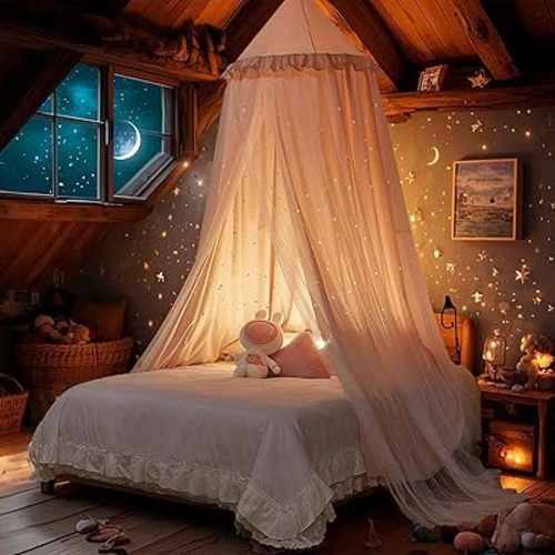 Princess Bed Canopy for Girls, Double Layer Canopy Fits Twin/Full Bed - Fairy Bed Tent for Kids Room Decor(with Cutout Stars,Pink)
