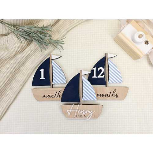Baby Milestone Marker Sailboat | Nautical Monthly Milestone Sign | Interchangeable Numbers | Baby Photo Prop | Personalized Name Sign