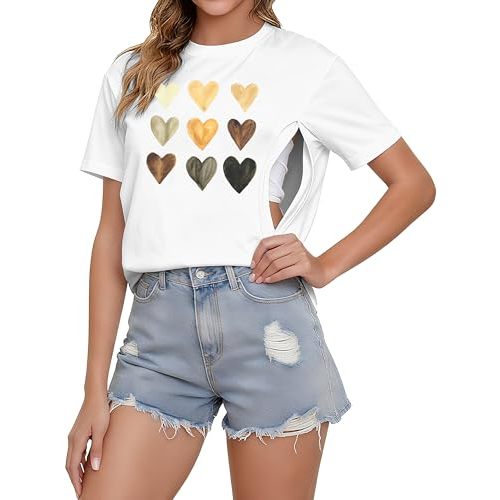 UNIQUEONE Comfort Breastfeeding Shirts for Women Zip Nursing Tops Casual Distressed Acid Washed Maternity Tees