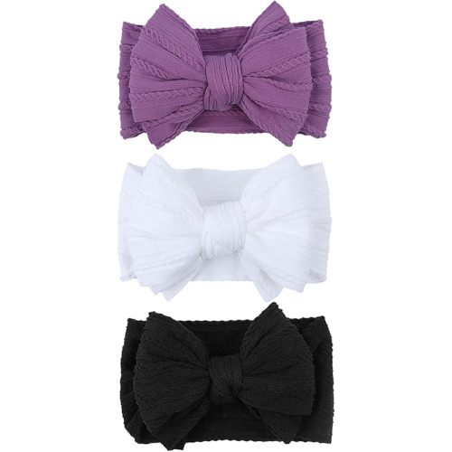 LemonSpace Handmade Baby Girls Headbands Soft Stretchy Nylon Hair Bands Hair Accessories with Bows for Newborn Baby Girls Infant Toddlers Kids(White Black Purple)