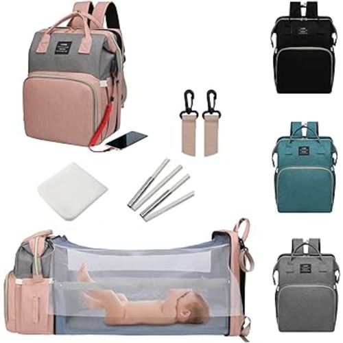 Diaper Bag with Changing Station,Diaper Bag Backpack,7 in 1 Travel Baby Diaper Bag,Mommy Bag With USB Charging Port (Pink-Grey)