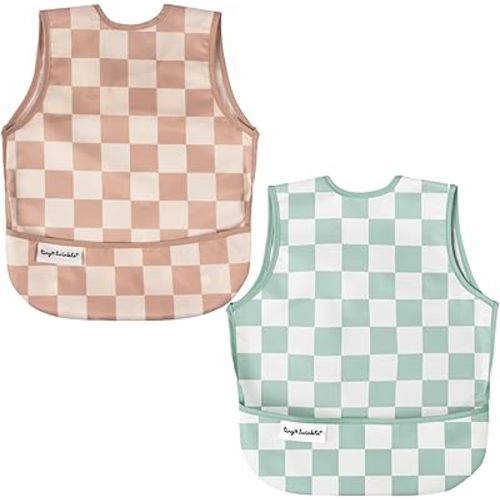 Tiny Twinkle Mess Proof Baby Bibs | 2 Pack Waterproof Toddler Bib for Eating | Baby Apron for Feeding, Machine Washable, Perfect Shower Gift (Beige,Sage Checkers, 6–24M)
